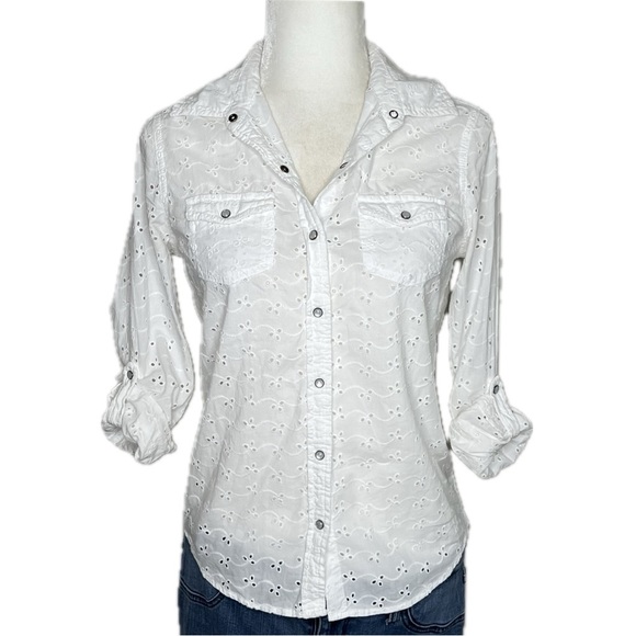 Arizona Jean Co Blouse Eyelet Cotton Long Sleeve Button Up Western White XS - Picture 6 of 14